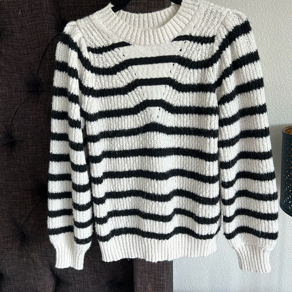 Black and White Striped Crew Neck Sweater - Picture 1 of 3